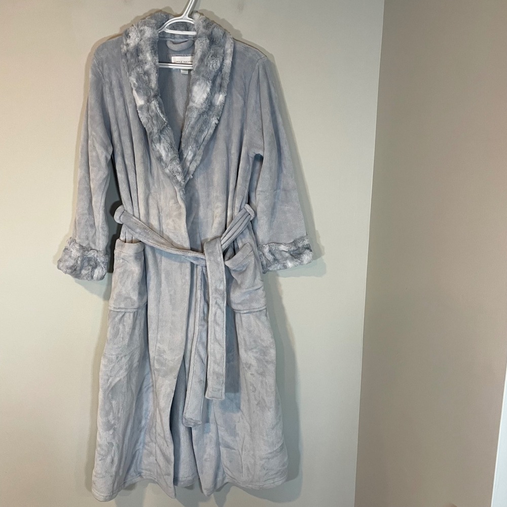 Carole Hochman Womens Light Blue Gray Fleece Robe Faux Fur Trim Small Cozy Maxi